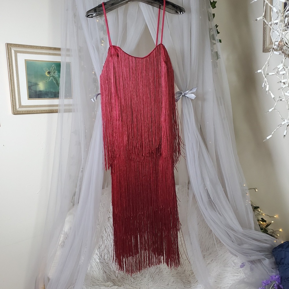 Commense Flapper Fringe Hippie Boho Costume Midi Dress NWT Size S $64 Red Wine - Picture 3 of 7